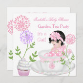 Invitation Baby shower Fille Rose Bébé Jardin Tea Party (Devant / Derrière)