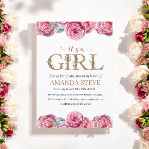 Invitation Baby shower Fille Rose Blanc Floral