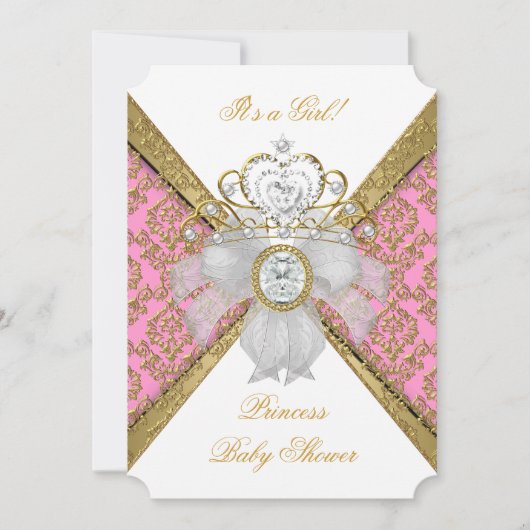 Invitation Baby shower fille rose blanche princesse Damask 2 (Devant)