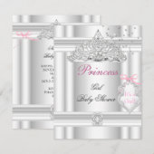 Invitation Baby shower fille rose blanche princesse Tiara (Devant / Derrière)