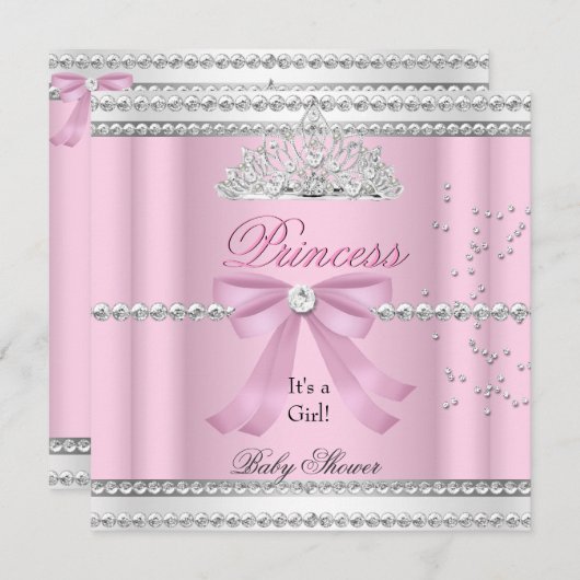 Invitation Baby shower fille rose blanche princesse Tiara Bow (Devant / Derrière)