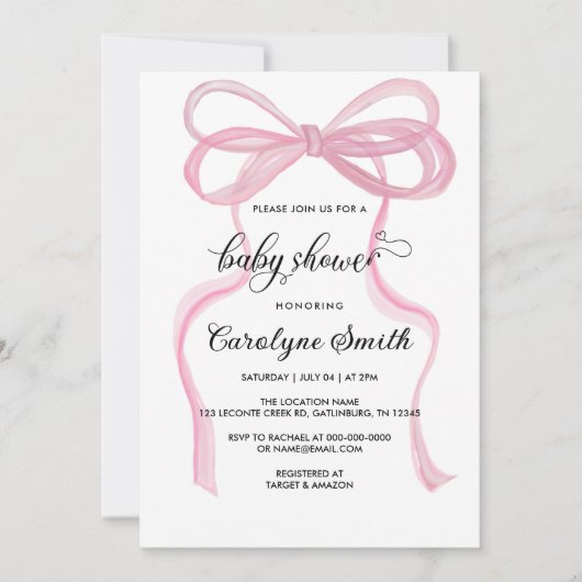 Invitation Baby shower fille rose Bow (Devant)
