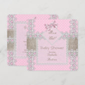 Invitation Baby Shower Fille Rose Bow Perle Dentelle Points d (Devant / Derrière)