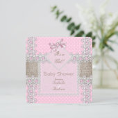 Invitation Baby Shower Fille Rose Bow Perle Dentelle Points d (Debout devant)