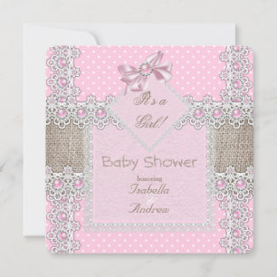 Invitation Baby Shower Fille Rose Bow Perle Dentelle Points d