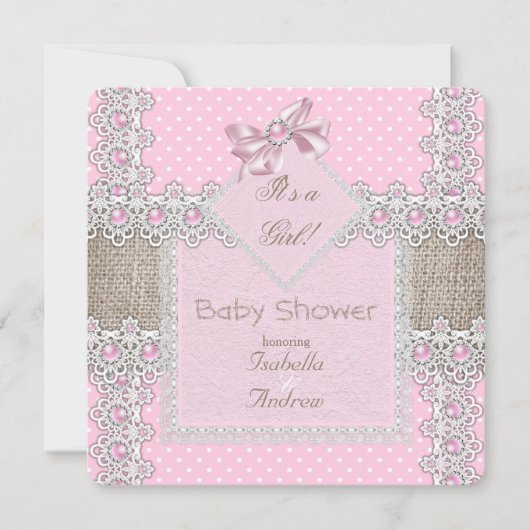 Invitation Baby Shower Fille Rose Bow Perle Dentelle Points d (Devant)