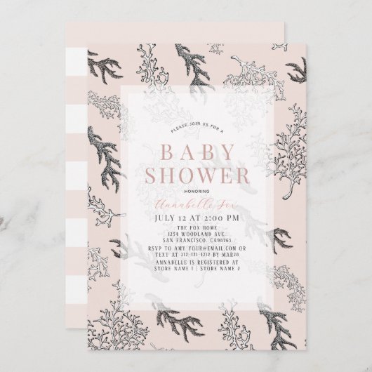 Invitation Baby Shower Fille Rose Clair Motif Corail (Devant / Derrière)