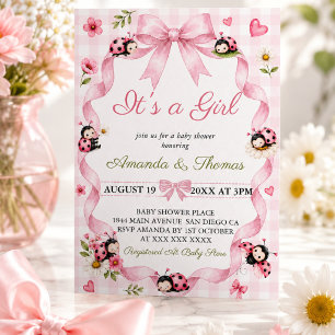 Invitation Baby Shower Fille Rose Coccinelle