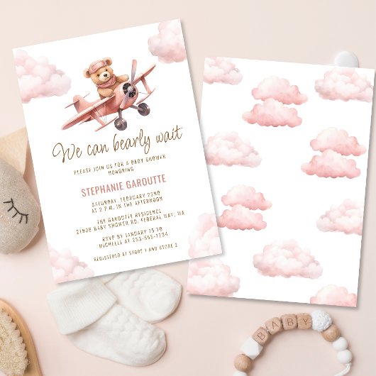 Invitation Baby shower fille rose de l'avion mignonne ours
