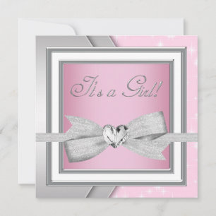 Invitation Baby Shower Fille Rose Élégant Argent