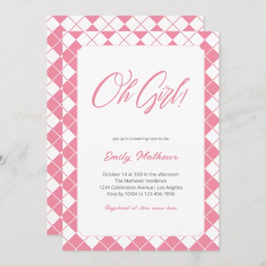 Invitation Baby shower fille rose En vichy mignonne simple (Devant / Derrière)