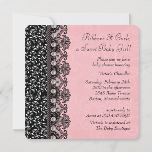 Invitation Baby Shower Fille Rose et Broderie Noire