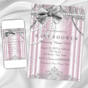 Invitation Baby shower fille rose et gris Pearl