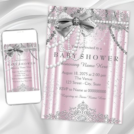 Invitation Baby shower fille rose et gris Pearl
