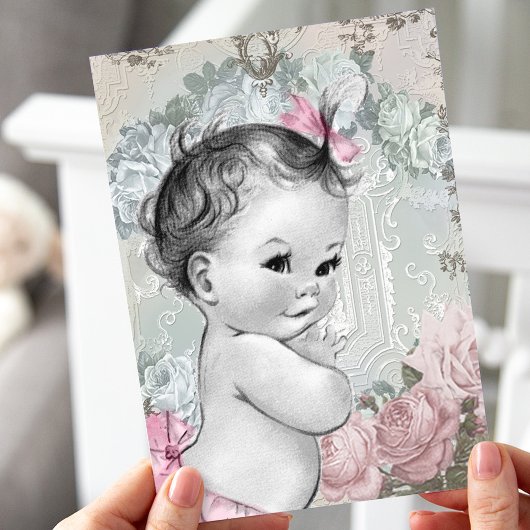 Invitation Baby Shower Fille Rose et Gris Vintage
