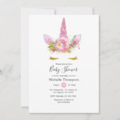 Invitation Baby shower fille rose et or Floral Unicorn (Devant)