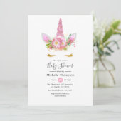 Invitation Baby shower fille rose et or Floral Unicorn (Debout devant)