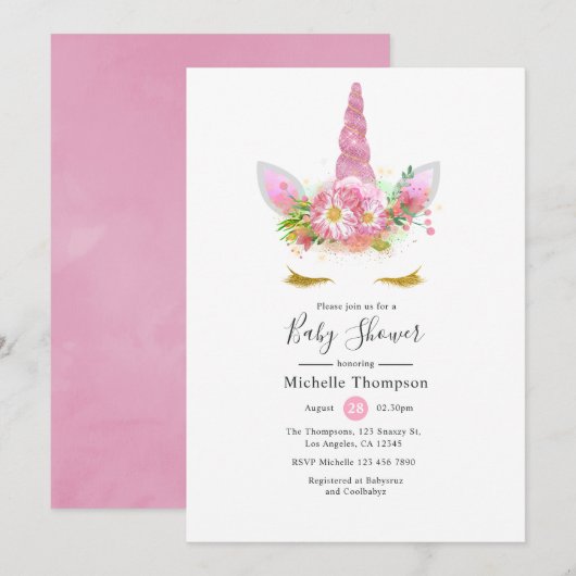 Invitation Baby shower fille rose et or Floral Unicorn (Devant / Derrière)