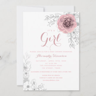 Invitation Baby Shower Fille Rose Floral