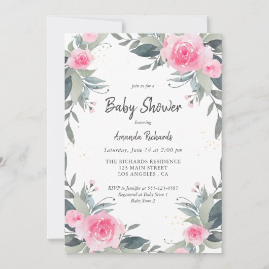 Invitation Baby shower Fille Rose Floral (Devant)