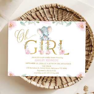 Invitation Baby shower Fille Rose Floral Elephant