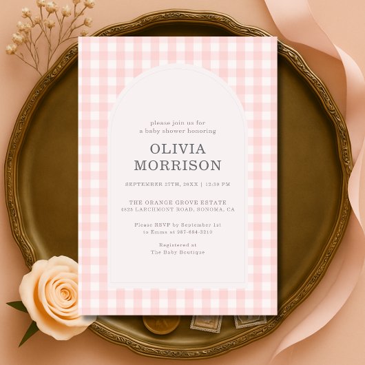 Invitation Baby Shower Fille Rose Gingham