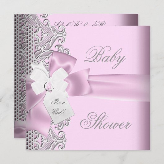 Invitation Baby shower fille rose gris blanc dentelle (Devant / Derrière)