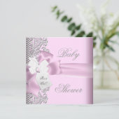 Invitation Baby shower fille rose gris blanc dentelle (Debout devant)