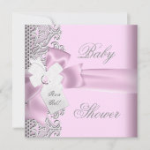 Invitation Baby shower fille rose gris blanc dentelle (Devant)