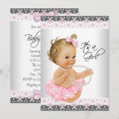 Invitation Baby Shower Fille Rose Gris Dentelle (Devant / Derrière)