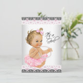 Invitation Baby Shower Fille Rose Gris Dentelle (Debout devant)