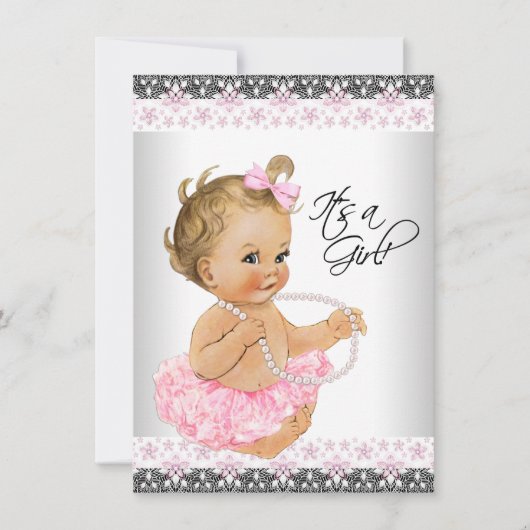 Invitation Baby Shower Fille Rose Gris Dentelle (Devant)