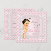 Invitation Baby shower Fille rose Gris Polka Dot Brunette (Devant / Derrière)