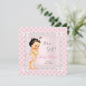 Invitation Baby shower Fille rose Gris Polka Dot Brunette (Debout devant)