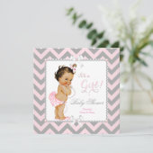 Invitation Baby shower fille rose gris rayure blanc Brunette (Debout devant)
