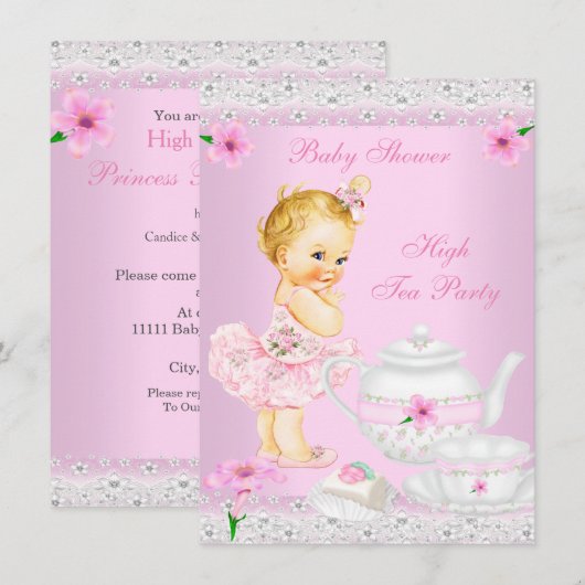 Invitation Baby shower Fille Rose High Tea Party Blonde (Devant / Derrière)