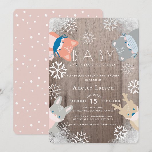 Invitation Baby shower Fille Rose Masque Animaux Bois (Devant / Derrière)