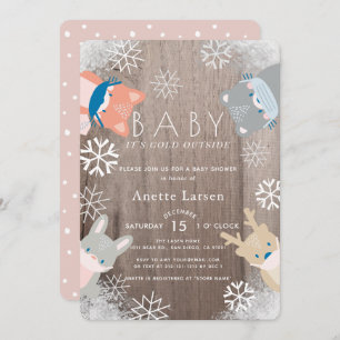 Invitation Baby shower Fille Rose Masque Animaux Bois