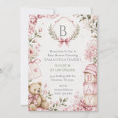Invitation Baby Shower Fille Rose Monogramme  (Devant)
