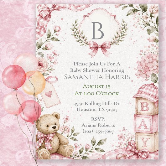 Invitation Baby Shower Fille Rose Monogramme 