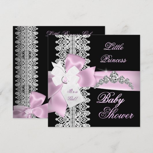 Invitation Baby shower fille rose noir blanc dentelle (Devant / Derrière)