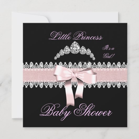 Invitation Baby shower fille rose noir blanc dentelle (Devant)