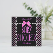 Invitation Baby shower fille rose noir blanc Polka point (Debout devant)