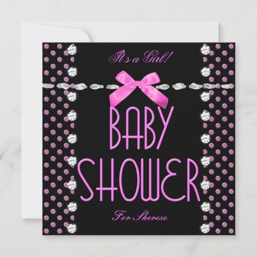 Invitation Baby shower fille rose noir blanc Polka point (Devant)