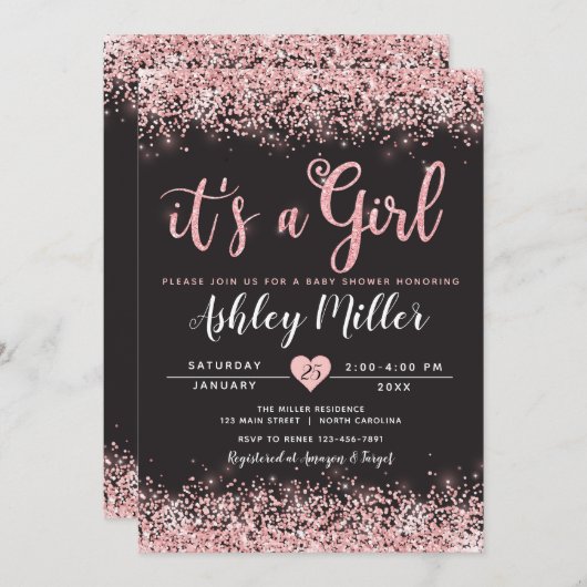 Invitation Baby shower fille rose noir chic (Devant / Derrière)