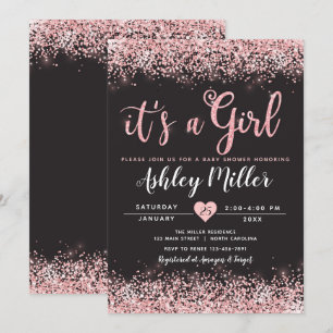 Invitation Baby shower fille rose noir chic