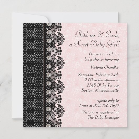Invitation Baby Shower Fille Rose Noir Dentelle Perles (Devant)