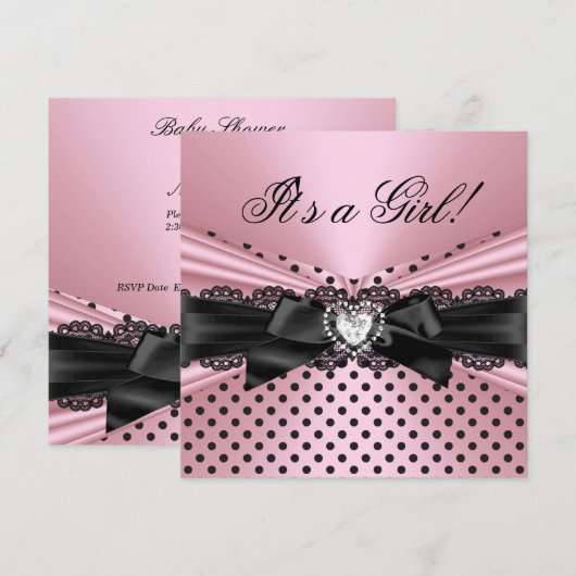 Invitation Baby shower fille rose noir Pois de dentelle (Devant / Derrière)