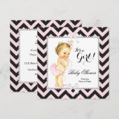 Invitation Baby shower fille rose noire bande blanche Blonde (Devant / Derrière)