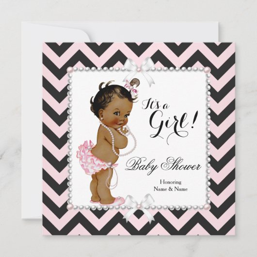 Invitation Baby shower Fille rose noire bande blanche ethniqu (Devant)